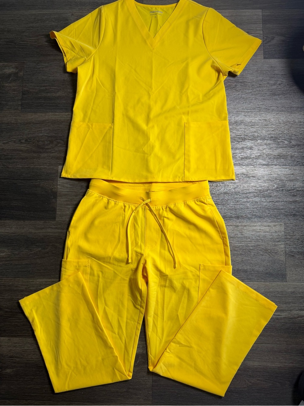 Women's Yellow Mandala Scrub Set - Bright Short-Sleeve Top & Drawstring Pants